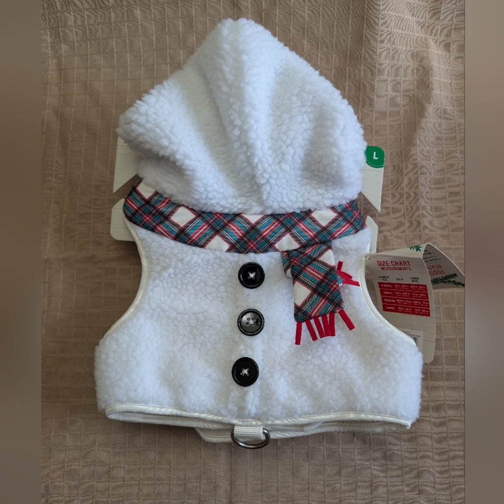 Cozy White Snowman Dog Harness with Plaid Scarf, Size Large